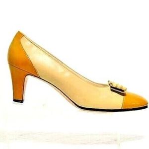 Yellow Two-Tone Leather Bow Pumps  7AA  🇮🇹